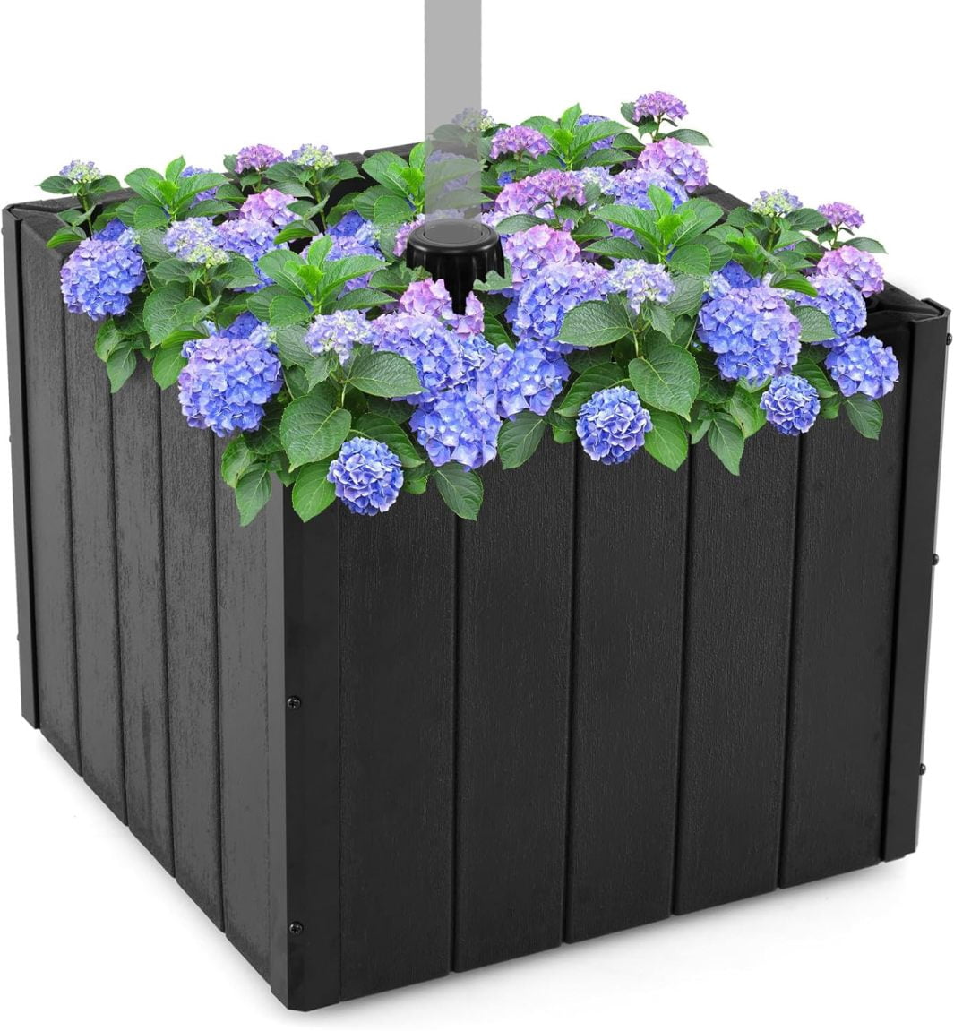WJSP Umbrella Base with Fillable Planter - Portable Umbrella Stand with 4 Rollers, 3 Hole Rings, 88 lbs Capacity, HDPE Market Umbrella Pole Holder for Outdoor Garden Deck Poolside Lawn