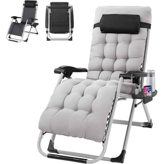WJSP Zero Gravity Chair Grey 30X24X44 Inch Padded Recliner With Tray For Patio Lawn Outdoor
