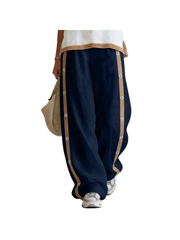 WJSROAC Women Wide Leg Pants Contrast Stripe Button Down Baggy Track Pants 2026 Fall Fashion Streetwear Vacation Oversized Trousers