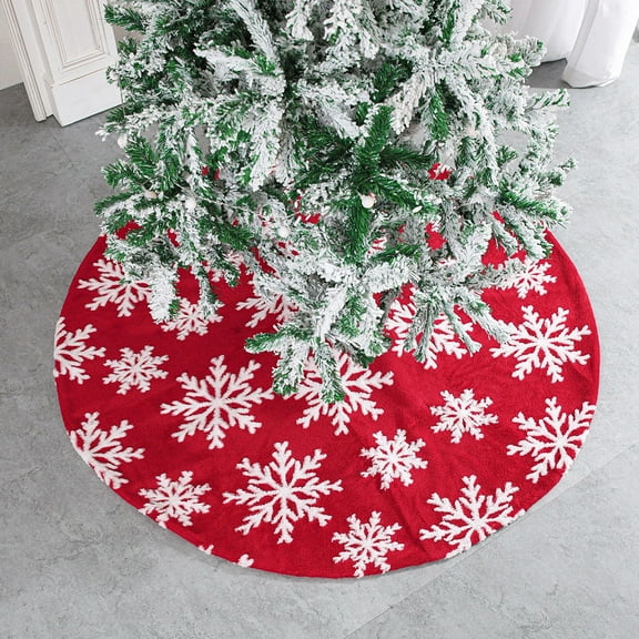 WJSXC Christmas Tree Skirt, 48 Inch Red Faux Fur Plush Christmas Tree Skirt Snow Flake Pattern, for Christmas Decorations Xmas Tree Home Holiday Party Gifts