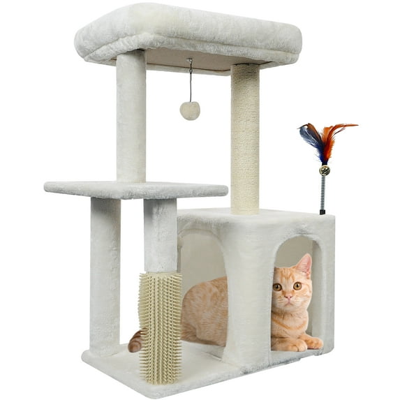 AIWIKIDE 31.50" Cat Tree for Indoor Cats with Cat Condo and Scratching Post,Cute Cat Tower with Self-Grooming Brush and Toy Balls,Beige