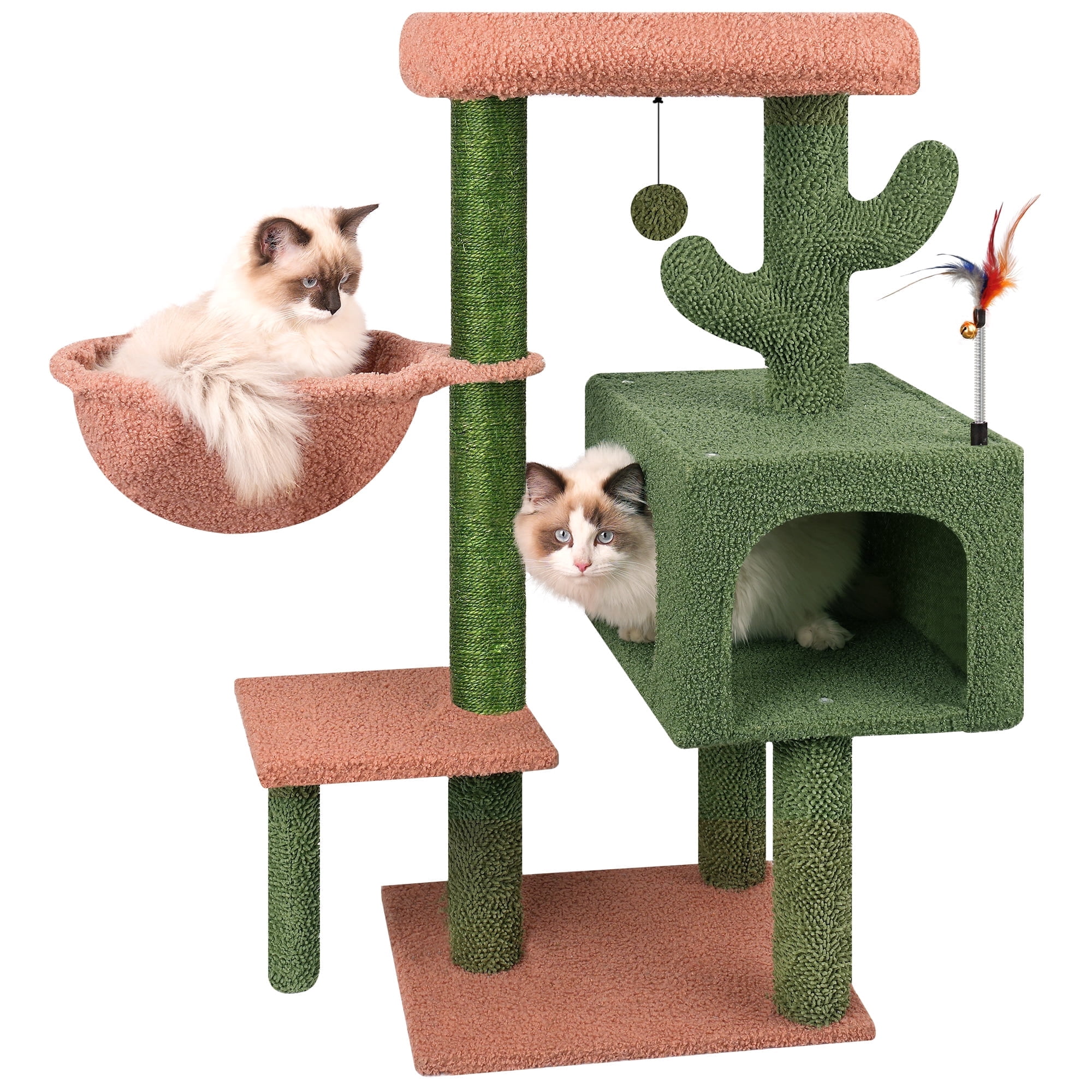 AIWIKIDE 35.4" Desert Cactus Cat Tree With Scratching Toy, Hanging Ball, Cat Tower Furniture Sisal-Covered Scratching Posts,Green
