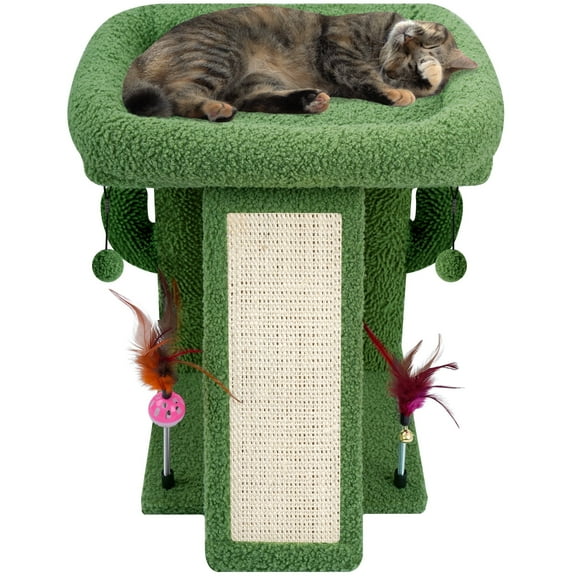AIWIKIDE Desert Cactus Cat Tree with Condo and Scratch Post Hammock Hanging Ball, Green