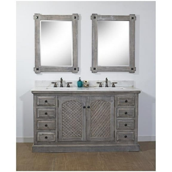 WK8160-G-AP TOP 60 in. Rustic Solid Fir Double Sinks Vanity in Grey Driftwood With Arctic Pearl Quartz Marble Top-No Faucet