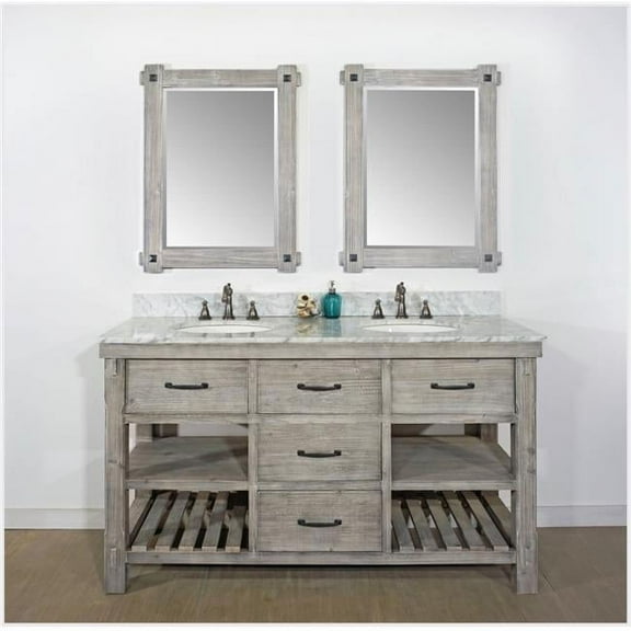 WK8260-G-CW TOP 60 in. Rustic Solid Fir Double Sink Vanity in Grey Driftwood With Carrara White Marble Top-No Faucet