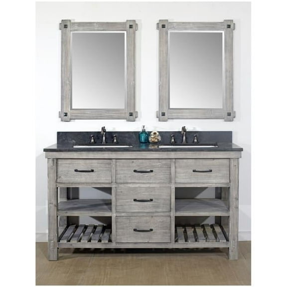 WK8260-G-WK SQ TOP 60 in. Rustic Solid Fir Double Sink Vanity With Rectangular Sink in Grey Driftwood With Limestone Top-No Faucet