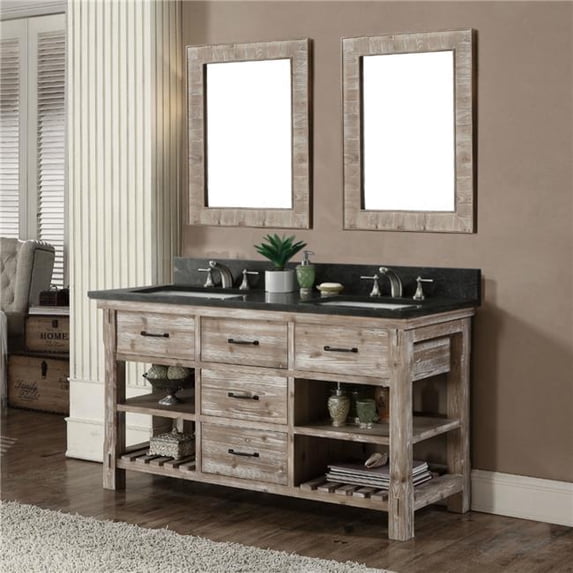WK8260-WK SQ TOP 60 in. Solid Recycled Fir Double Sink Vanity With Rectangular Sink Limestone Top-No Faucet