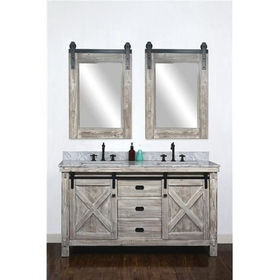 WK8560-W-CW SQ TOP 60 in. Rustic Solid Fir Barn Door Style Double Sinks Vanity in White Wash with Carrara White Marble Top with Rectangular Sink - No Faucet - 61 x 34.6 x 22 in.