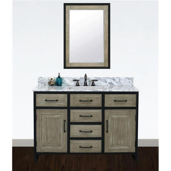 WK8848-CW SQ TOP 48 in. Rustic Solid Fir Single Sink Iron Frame Vanity in Driftwood With Carrara White Marble Top With Rectangular Sink-No Faucet