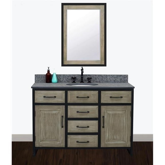WK8848-MG TOP 48 in. Rustic Solid Fir Single Sink Iron Frame Vanity in Driftwood With Rustic Style Polished Textured Surface Granite Top in Matte Grey-No Faucet