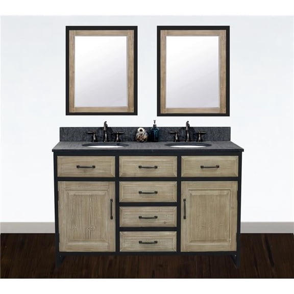 WK8860-MG TOP 60 in. Rustic Solid Fir Double Sink Iron Frame Vanity in Driftwood With Rustic Style Polished Textured Surface Granite Top in Matte Grey-No Faucet