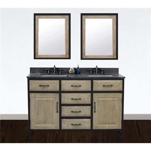 WK8860-WK SQ TOP 60 in. Rustic Solid Fir Double Sink Iron Frame Vanity in Driftwood With Limestone Top With Rectangular Sink-No Faucet