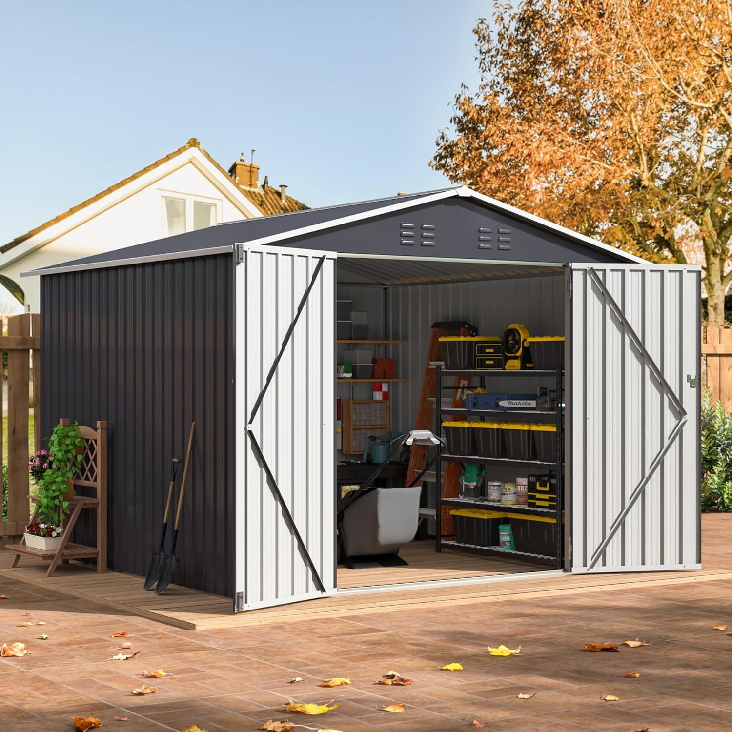 WKM 8x8 FT Outdoor Storage Shed, Utility Metal Tool Storage with
