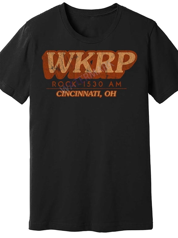 WKRP Cincinnati Men'S Vintage Radio Graphic T-Shirt | Retro "Rock 1530 AM" Tee, Black Loose Fit Crew Neck, Machine Washable, Distressed Print Design, High-quality Print, Short Sleeve,