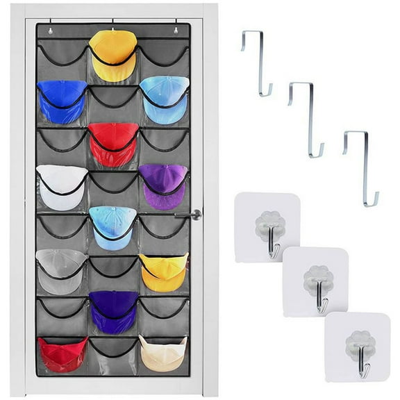WKSCLPAI 24 Pocket Baseball Hat Rack, Over Door Cap Organizer, Grey Hat Storage with 3 Hooks, Durable & Breathable, Fits Standard Doors