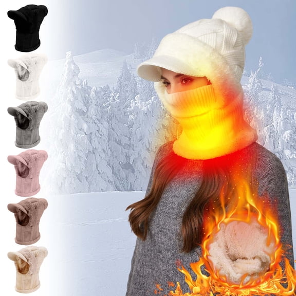 WKSCLPAI 3 in 1 Beanie Hat with Pom Pom for Women, Upgrade Cap & Scarf & Mask 3 In 1 Outdoors Windproof Scarf Hat with Brim, Winter Warm Knitted One-piece Duckbill Cap