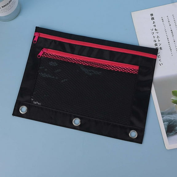 WKSCLPAI 3-Ring Zipper Pencil Pouch, Dual Compartments, Clear View Window, Oxford Cloth Binder Case for Pens, Pencils, Markers, Durable Metal Zipper, Black Line-R