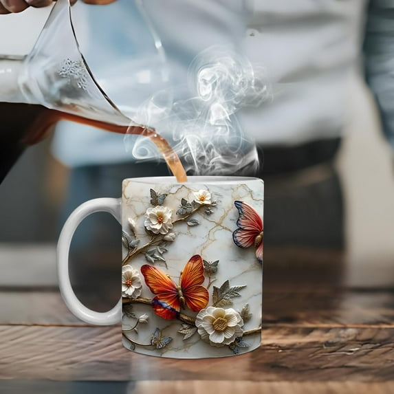 WKSCLPAI 3D Painted Ceramic Mug, Romantic Three-dimensional Floral Pattern Coffee Mug, 15 Ounce Mug Cup Ornament Christmas Houseparty Holiday Birthday Gifts for Women Girl-friend Teacher(#G)