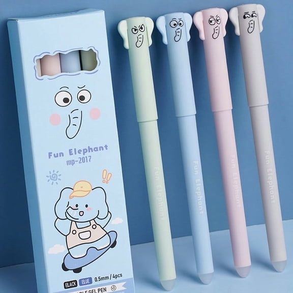 WKSCLPAI 4-Pack Erasable Gel Pens, Cute Cartoon Elephant Series Gel Pen, Quick-Drying Black Ink, Smooth Writing for Study, Office & Everyday Use, Boxed Set