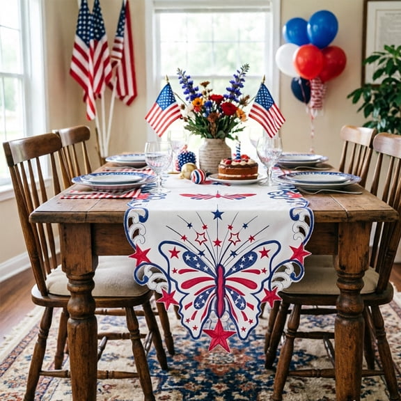 WKSCLPAI 4th of July Lepidopteran Table Runner Red White Blue Planets Polyester Decor for Independence Day Memorial Day Dining Table Centerpiece