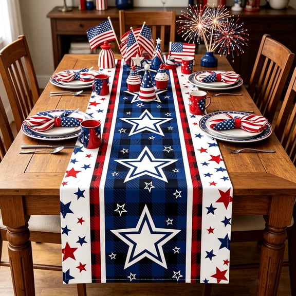 WKSCLPAI 4th of July Table Runner 108 Inch Extra Long Star Linen Cloth for Independence Day Memorial Day 250th Celebration Buffet Table Runner