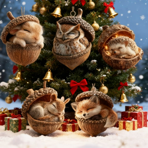 WKSCLPAI 5Pcs Forest Animal Acorn Ornaments, Cozy Forest&Animal-Themed Christmas Ornaments, Cute Acrylic Animals Christmas Trees Hanging Decorations, New Home Decor, Gift for Animal Lovers