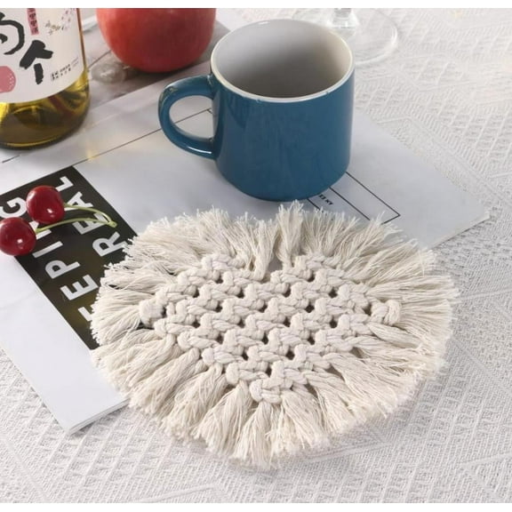 WKSCLPAI Absorbent Coasters for Drinks, Thickened Hand-Woven Cotton Placemats with Fringe, Bohemian Style White Coffee Mug Coasters, Non-slip Table Cutlery Mat, White, Hearts Shaped