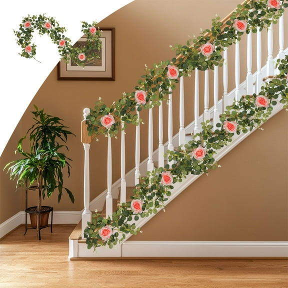 WKSCLPAI Artificial Eucalyptuss Leaf Camellia Rattan,72.8 Inch Simulation Rose Flower Decorative Rattan for Home Outdoor Garden Windows Railing Wedding Party Decor