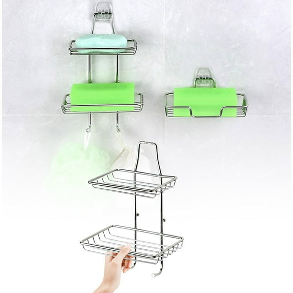 WKSCLPAI Bathroom Organizer Shelf on the Walls, Stainless Steel Soap Rack Bathroom Shelf No Hole Wall Mounted Soap Storage Organizer, Double Layer with Hooks (without Wall Sticker)