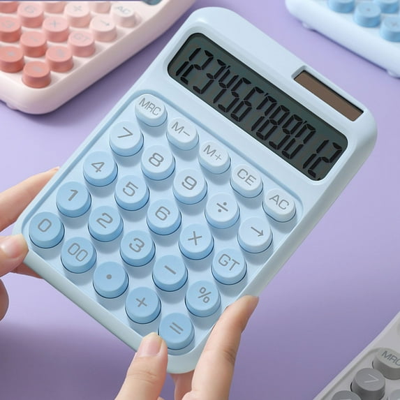 WKSCLPAI Battery and Solar Dual Power Calculator, Portable Desktop Calculator with 12-Digit LCD Display, Fashion Dopamine Colorway Mechanical Keyboard(7 Cell Battery, Blue)