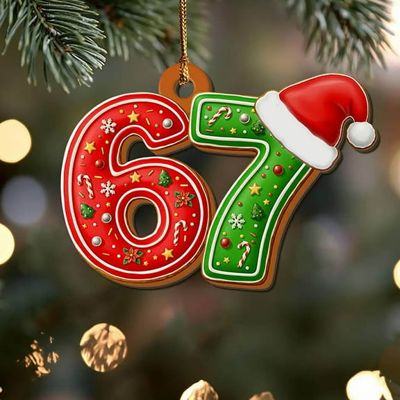 WKSCLPAI Christmas 67 Ornament 2025, Six Seven Meme Christmas Tree Ornament with Santa Hat Decor, Funny 67 Teen Slang Ornaments, Xmas Tree Decorations, Gag Gifts, #DA