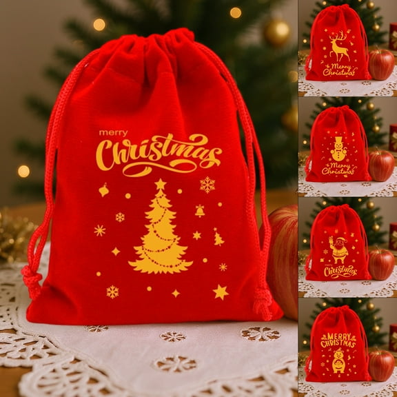 WKSCLPAI Christmas Flannel Drawstring Gift Bags Medium Size Christmas Eve Candy Peace Apple Wrapping Bags Treat Sacks Reusable Gift Red Packaging Bag for Holiday Party Favors, 6" x 8"