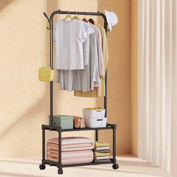 WKSCLPAI Clothes Rack,Rolling Coat Rack with 4 Hooks,Portable Wardrobe Rack with 2 Shelves,Easy Assembly