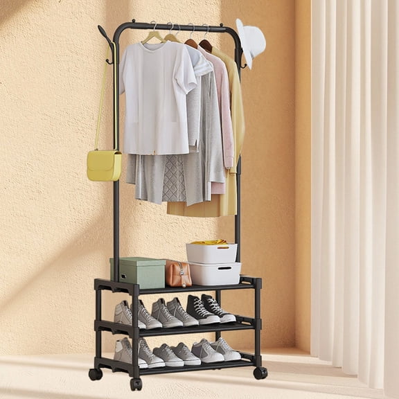 WKSCLPAI Clothes Rack,Rolling Coat Rack with 4 Hooks,Portable Wardrobe Rack with 3 Shelves,Easy Assembly