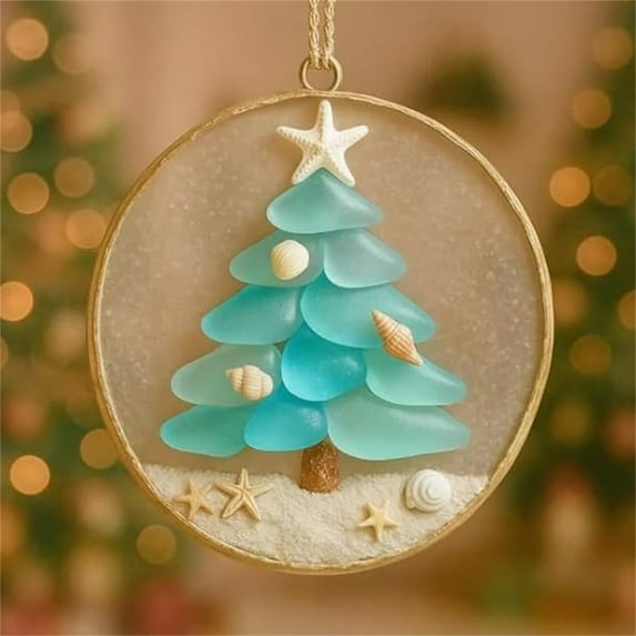 WKSCLPAI Coastal Sea Glass Ornament for Christmas Tree, Small Christmas Tree Decor, Sea Glass Shell Tree With Starfish Topper, Beach Hanging Handmade Decor for Xmas Family Gatherings, Blue