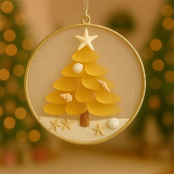 WKSCLPAI Coastal Sea Glass Ornament for Christmas Tree, Small Christmas Tree Decor, Sea Glass Shell Tree With Starfish Topper, Beach Hanging Handmade Decor for Xmas Family Gatherings, Yellow