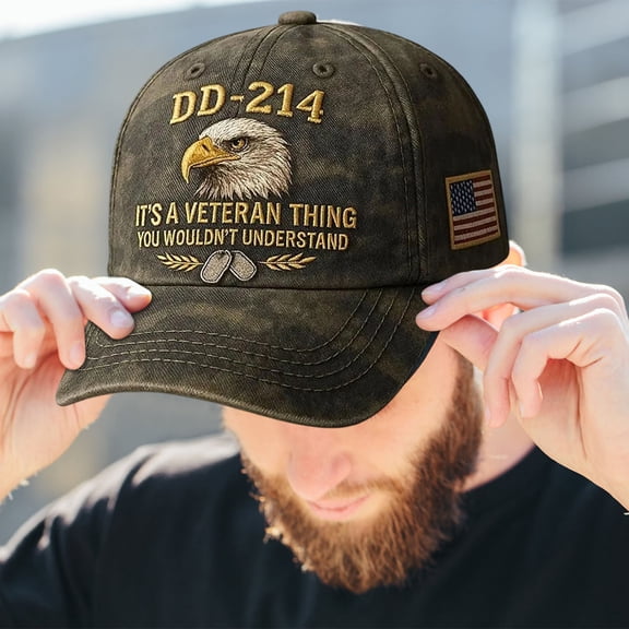 WKSCLPAI DD-214 Inspired Veteran Tribute Washed Baseball Cap, "It's A Veteran Thing" Patriotic Embroidered Eagle Adjustable Hat for Military Veterans & Patriotic Events