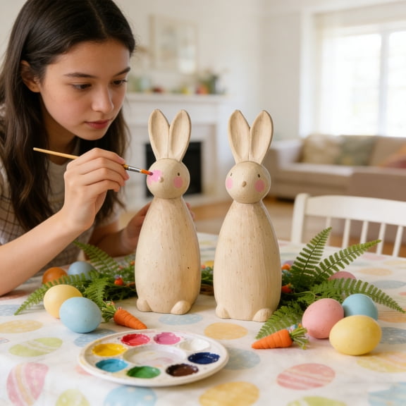 WKSCLPAI Easter Bunny Decorations, 2Pcs Wooden Hair Embryo Material Rabbit Figurine, Cute Rabbit Sculpture for Creative Colouring, Easter Gift for Indoor Spring Home Decor, 5.7 Inches