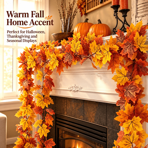 WKSCLPAI Fall Leaves GarlandZ,Leaf Garland,Autumn Garland,Fall Mantle Garland,Artificial Maple Leaf Decoration,78.74X1.18In,Elegant Autumn Garland for Home, Office, Seasonal Decoration