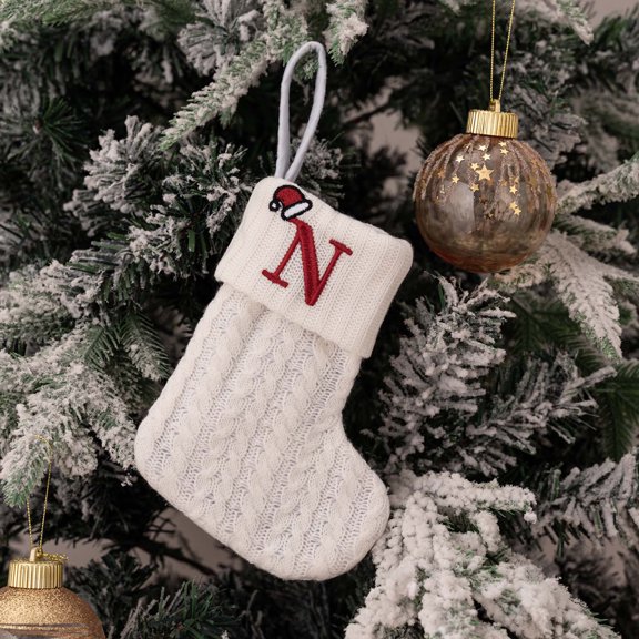 WKSCLPAI Festive Holiday Stocking,Decorative Knit Christmas Stocking Gift Bag Embroidered Alphabet Design,Medium Thickness,7X6" ,Perfect for Holiday Decorations and Gifts
