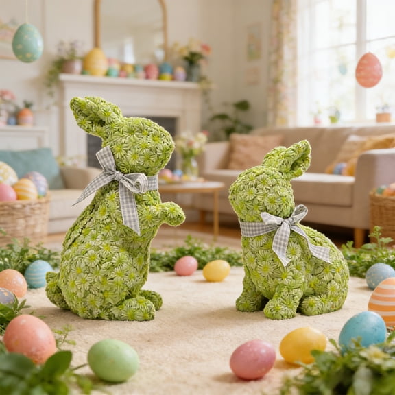 WKSCLPAI Floral Bunny Figurine Set – Green Resin Decor with Mini Prints, Spring & Easter Display for Shelf or Gift Idea