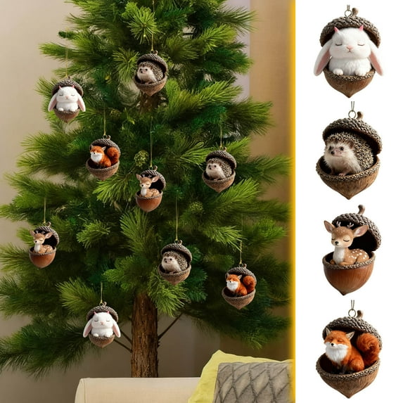WKSCLPAI Forest Animal Acorn Ornaments, Christmas Ornaments Cozy Forest Animal Pinecone Design, Cute Woodland Creature Figurine for Xmas Tree Decorations, Animal Lovers Gift, Home Decor