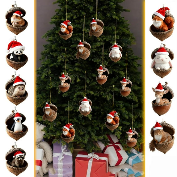 WKSCLPAI Forest Animal Acorn Ornaments, Cozy Forest Animal Christmas Ornaments with Santa Hat Decor, Cute Woodland Creature Figurine for Xmas Tree Decorations, Animal Lovers Gifts