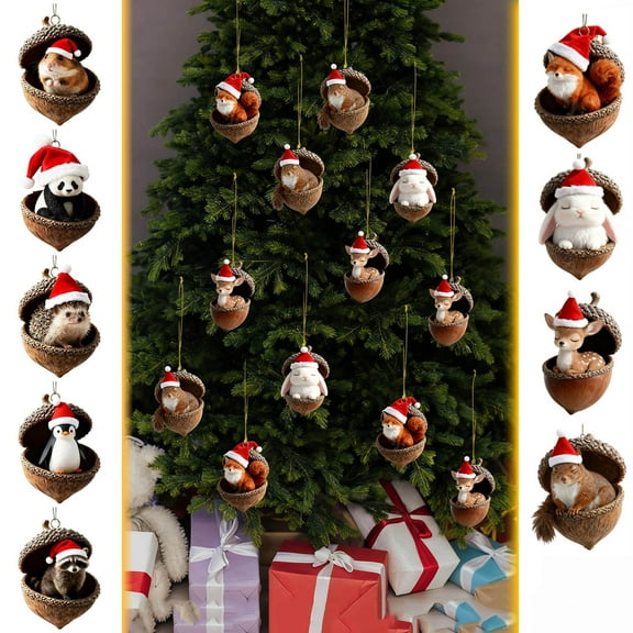 WKSCLPAI Forest Animal Acorn Ornaments, Cozy Forest Animal Christmas Ornaments with Santa Hat Decor, Cute Woodland Creature Figurine for Xmas Tree Decorations, Animal Lovers Gifts