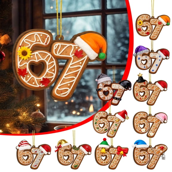 WKSCLPAI Funny 67 Ornament 2D Acrylic Gingerbread Hanging Decorations for Xmas Tree Christmas Meme Decor - Santa Themed Holiday Gift for Teens & Humor Lovers