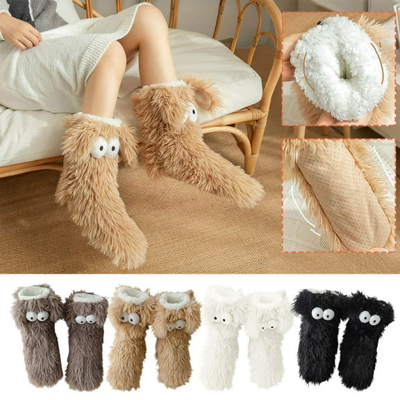 WKSCLPAI Fuzzy Slipper Socks with for Women Winter Floor Socks Cute Cozy Sherpa Fluffy Non-slip Ankle Grip Socks Thermal Crew Length Floor Socks for Cold Floors, Khaki