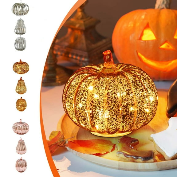 WKSCLPAI Glass Light up Pumpkins Illuminated Starry Night Pumpkins with Timer- Fall Pumpkin LED Lamps Decor, Twinkle Light Pumpkins for Halloween Indoor Outdoor Festive Decorations, Gold B