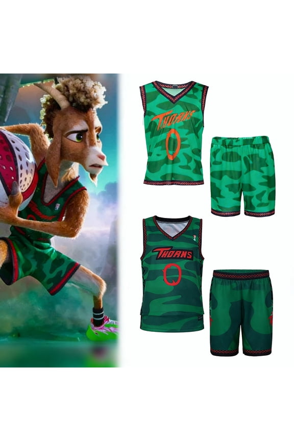 Goat Green Camo Basketball Jersey & Shorts Set - "Thorns" Team Uniform for Youth & Adults - Breathable Athletic Sportswear for Training & Casual Wear(Youth S)