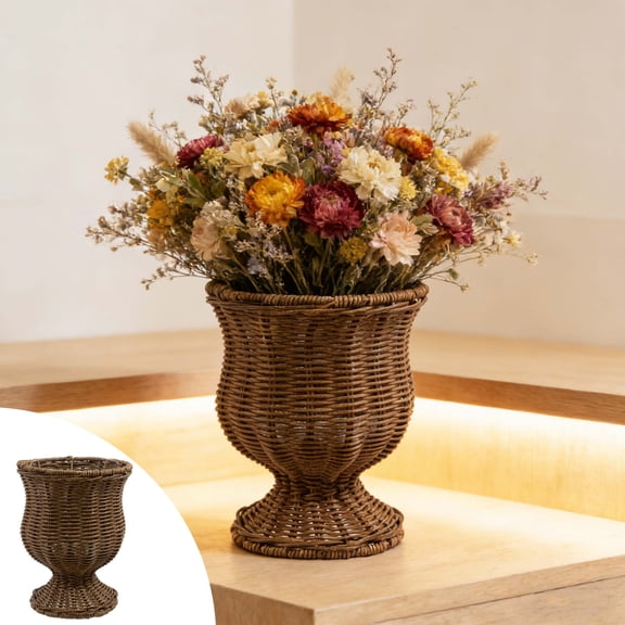 WKSCLPAI Goblet Woven Planter Urn Shape, 11.8" Artisanal Handwoven Rattan Flower Pot, Spring Home Decor, Breathable Design for Fresh Flowers/Dried Branches
