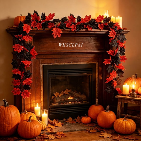 WKSCLPAI Halloween Fall Maple Leaf Garland, 5.8Ft Artificial Black Red Orange Foliage Vine, Flexible Halloween Thanksgiving Decor for Mantel, Table Centerpiece, Doorway and Staircase